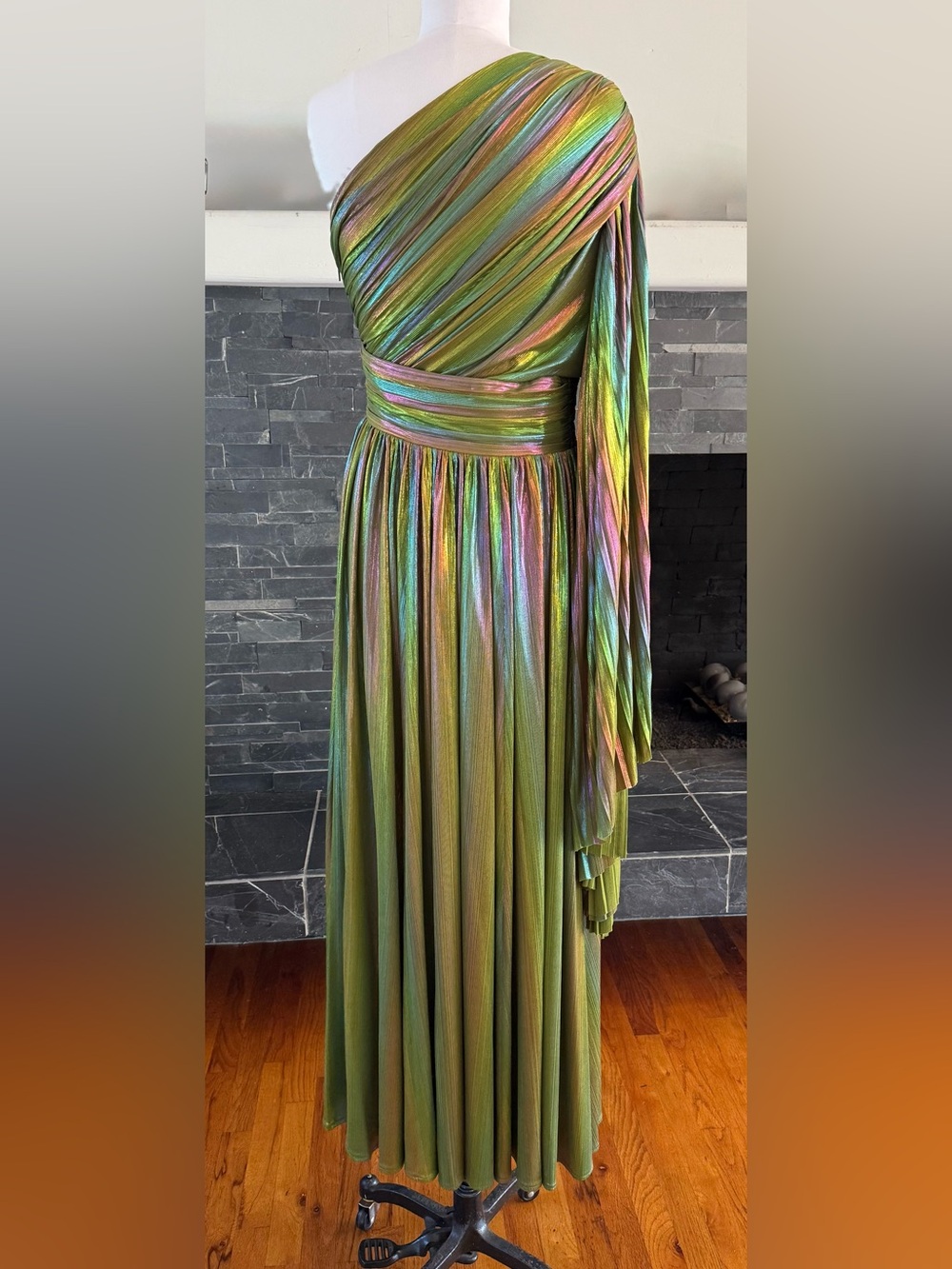 BRONX and BANCO One-Shoulder Metallic Pleated Green Multi Colored Evening Gown M - Picture 4 of 7
